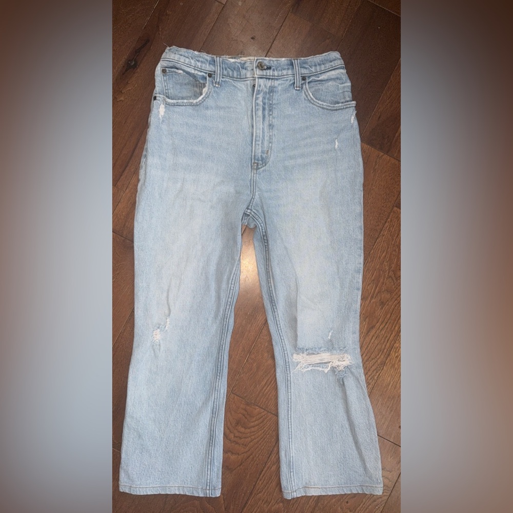 Abercrombie & Fitch The Kick Flare Ultra High Rise size 10R with distressing